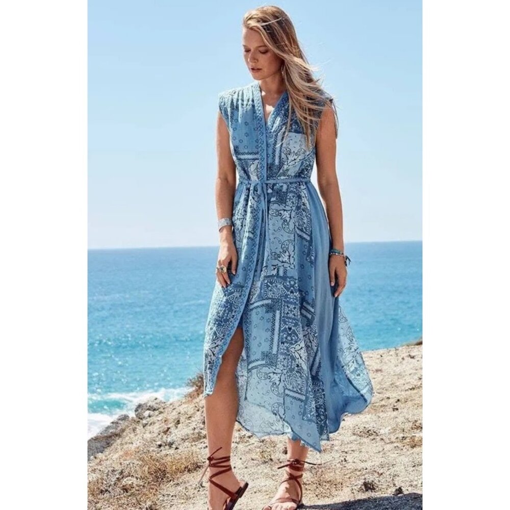 Johnny Was Bandana Paisley Midi Dress Sz (XXS) Sleeveless Boho Patchwork Coastal